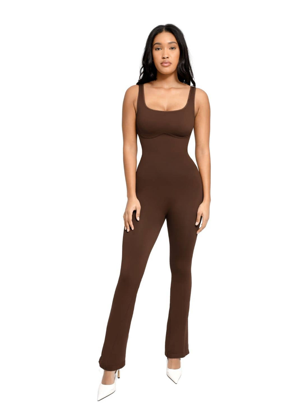 heyshape squareneck uback flared jumpsuit brown v14